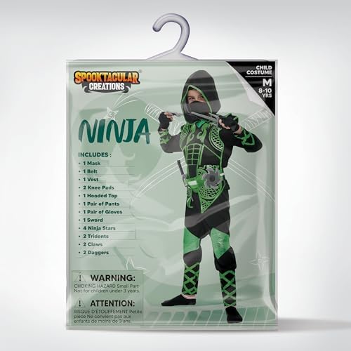 Spooktacular Creations Green Ninja Costume Set, Ninja Jumpsuit with Foam Accessories for Boys Halloween Outfit for Ideas Cosplay Party (S, 5-7 yrs)