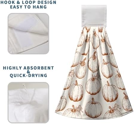2 Pcs Fall Pumpkin Hanging Kitchen Towels Autumn Thanksgiving Hand Towels with Hanging Loop Burnt Orange White Pumpkins Dish Towels Soft Absorbent Bath Tie Towel for Bathroom Decor