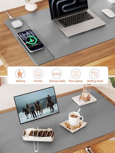 Mouse Pad with 15W Wireless Charging, XXL Large Leather Desk Mat, Gray