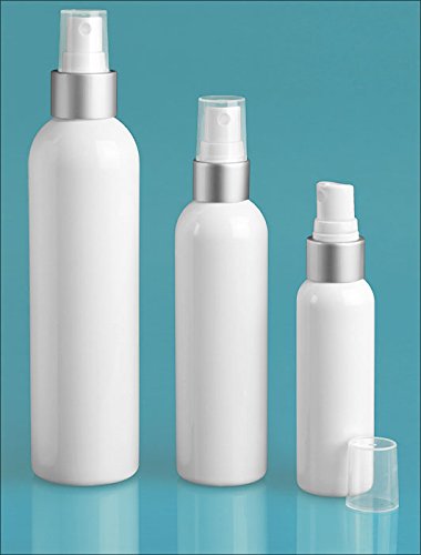 2 oz White PET Cosmo Round Bottles w/Silver/White Brushed Aluminum Sprayers