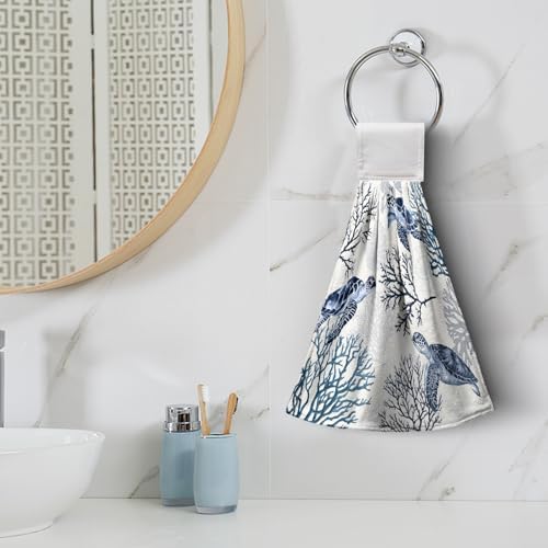 Coastal Sea Turtle Hand Towels with Hanging Loops Nautical Ocean Coral Hanging Kitchen Towels Set of 2 Summer Beach Dish Washcloth Absorbent Soft Bath Tie Towel for Bathroom