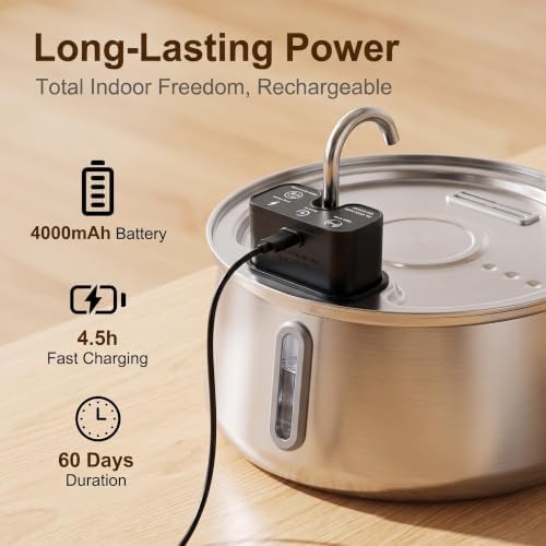 Good Origins Dog Water Fountain, 4L/135oz Automatic Cat & Dog Water Fountain, 4000mAh Rechargeable Battery, Up to 60-Day Battery Life, 3 Working Modes, Stainless Steel