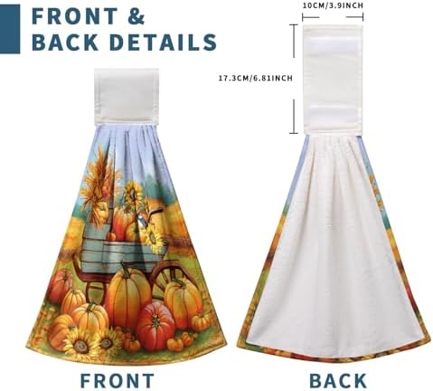 Fall Orange Pumpkin Kitchen Hanging Hand Towels Thanksgiving Autumn Sunflower Hand Towels with Loop Harvest Farmhouse Bath Towels Soft Absorbent Fingertip Tie Towel for Bathroom
