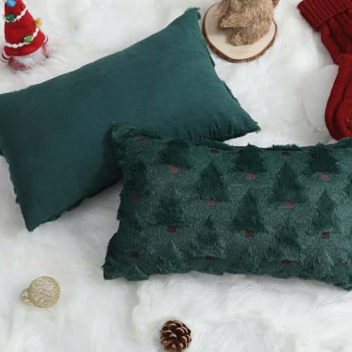 Allorry Christmas Pillow Covers 12x20 inch Set of 2 Christmas Decorations Soft Plush Faux Fur Wool Green Christmas Tree Throw Pillow Cases Winter Holiday Decor for Sofa Living Room PT-002A12