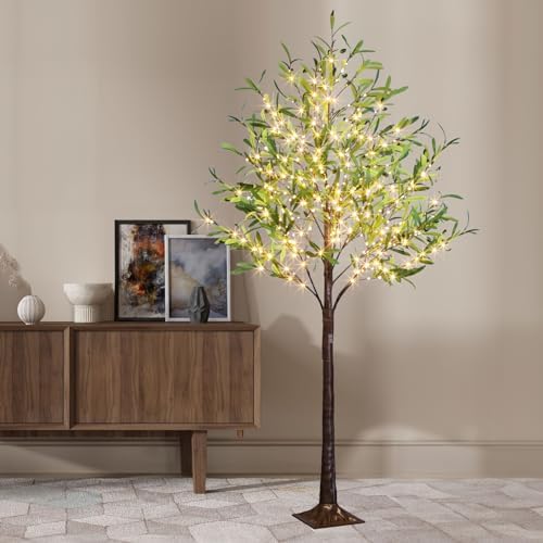 EAMBRITE Lighted Olive Tree Artificial Indoor, 6Ft Eucalyptus Tree with Fairy Lights, Light Up Artificial Plant Tree 300 LED Warm White for Christmas Halloween Room Wedding Outdoor Decorations