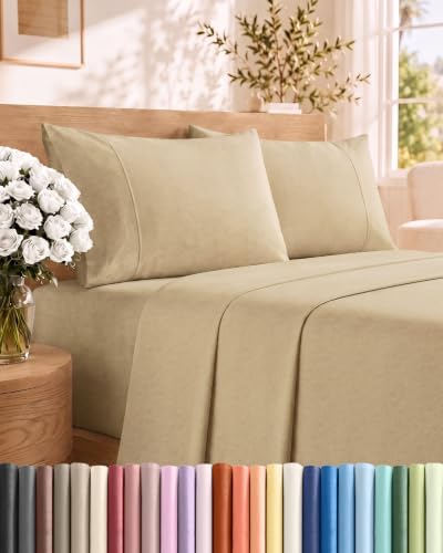 Cal King Size 4 Piece Sheet Set - Breathable & Cooling - Heathered Tan