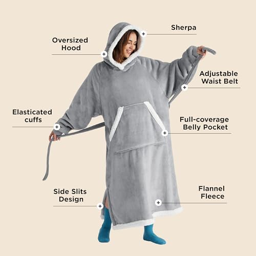 Bedsure Wearable Blanket Hoodie, Long Hooded Blanket Sweatshirt as Christmas Birthday Gifts for Men, Cozy Sherpa Hoodie for Adult, Oversize, Grey