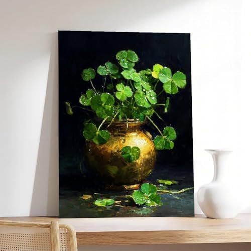 JDBeehpy Irish Clover Painting Green Festival (Unframed, Canvas Only) Mural Modern Minimalist Gold Jar St. Patrick Classic Holiday Gift Home Living Room Picture Decoration 12x18inch(30x45cm)