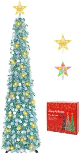 5FT Pop Up Christmas Tree with Lighted Top Star for Decorations, Aqua Blue