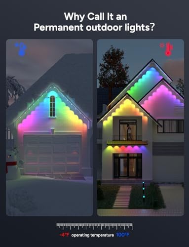 Permanent Outdoor Lights, 100ft with 60 RGB LED Lights for Christmas and Daily, 49 Scene Modes+DIY for Christmas Decor, IP66 Waterproof for Outdoor, Compatible with Alexa, Google Assistant