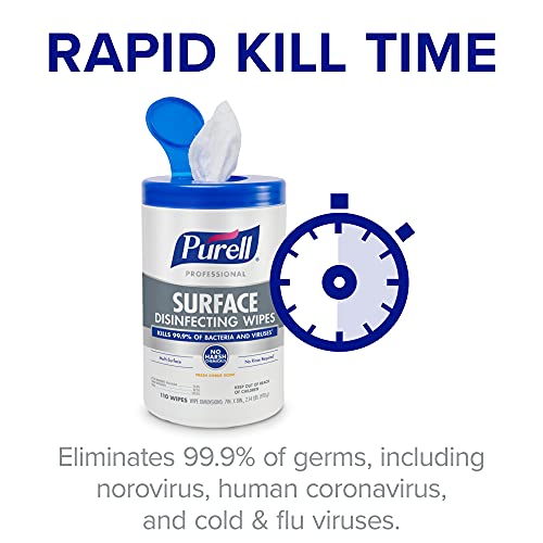 PURELL Professional Surface Disinfecting Wipes, Citrus Scent, 110 Count Canister, 7"x 8" Wipes (Pack of 6) - 9342-06