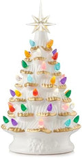 Casafield Hand Painted Ceramic Christmas Tree, White 12-Inch Pre-Lit Tree with 100 Multi Color Lights and 2 Star Toppers
