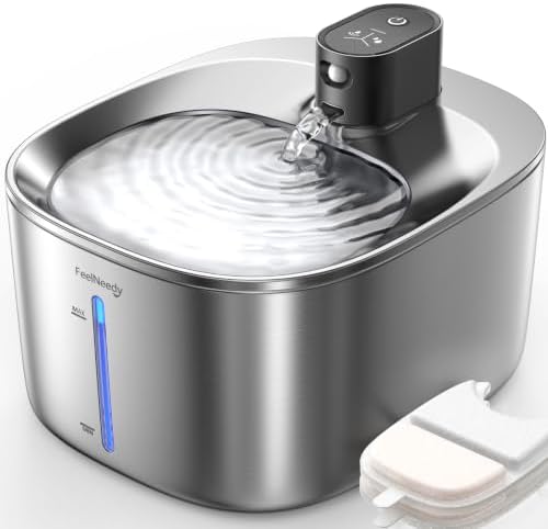 FEELNEEDY Wireless Cat Water Fountain Stainless Steel with Sensor, 4000mAh Battery Operated, 4L/135fl oz Pet Water Fountain for Cats Dogs, Ultra Quiet Cat Drinking Fountain with 2 Filters (YPD-C004S)