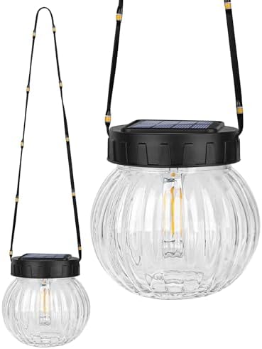 PARTPHONER Solar Lights Outdoor Waterproof 12-Pack, Solar Powered Hanging Lantern Ribbed Glass Hanging Globes for Yard Decor Christmas Decoration, Shepherd Hook, Garden Tree Ornaments, Clear