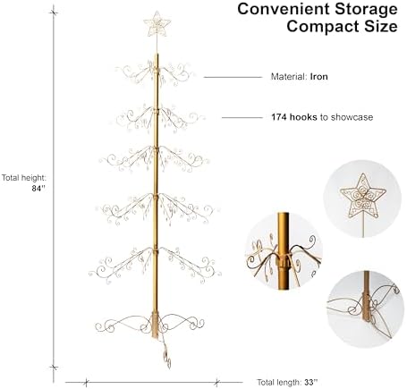 HOHIYA 6.5 Ft Gold Ornament Display Tree 174 Hook Metal Christmas Stand