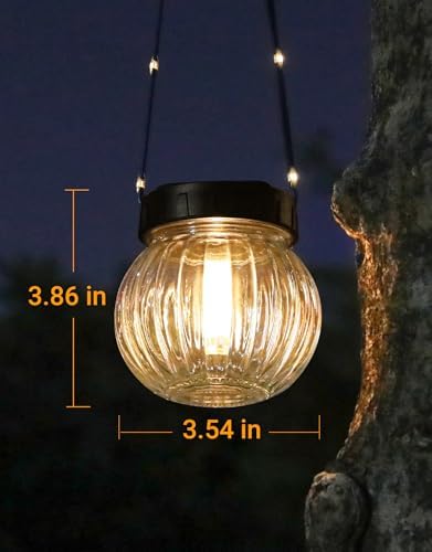 PARTPHONER Solar Lights Outdoor Waterproof 12-Pack, Solar Powered Hanging Lantern Ribbed Glass Hanging Globes for Yard Decor Christmas Decoration, Shepherd Hook, Garden Tree Ornaments, Clear