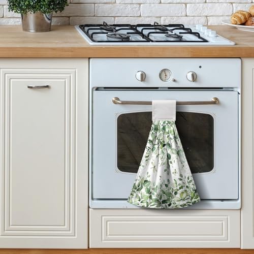 Eucalyptus Leaves Hanging Hand Towels Sage Green Leaf Kitchen Towels with Hanging Loop Spring Summer Floral Farmhouse Greenery Tea Dish Towels Soft Absorbent Fingertip Bath Tie Towels for Bathroom