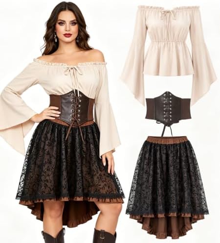 Verceco Pirate Costume Women Outfit with Renaissance Pirate Shirt Skirt Corset Waist Belt Womens Halloween Pirate Costumes (Beige+Coffe Black, S)