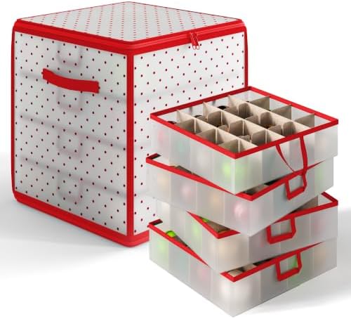 Hearth & Harbor Christmas Ornament Storage Box With 4 Inner Tray Dividers - Plastic Ornament Storage Container For 64 Holiday Ornaments or Decorations - Red