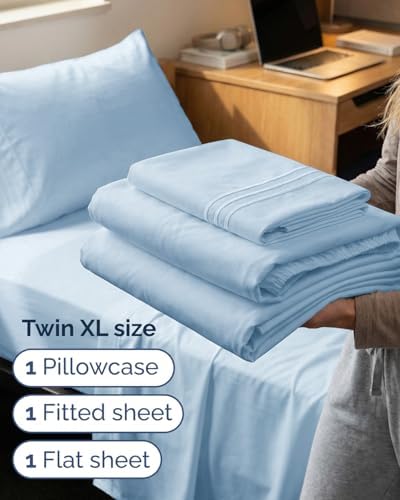 Twin XL Size 3 Piece Sheet Set - Breathable & Cooling Sheets - Light Blue