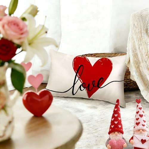 Valentines Day Decorations-Valentine Pillow Covers 12x20 Set of 4, Red Hearts I Love You Happy Valentine's Day Throw Outdoor Pillow Covers Anniversary Wedding Cushion Case for Home Sofa Couch Decor