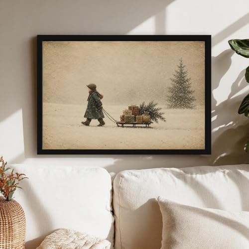 Vintage Child Sled Wrapped Boxes Evergreen Snow Christmas Canvas Wall Art
