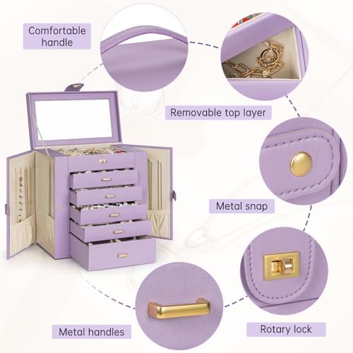 AKOZLIN 6-Tier Jewelry Box Organizer 5 Drawers Storage Extra Large Violet