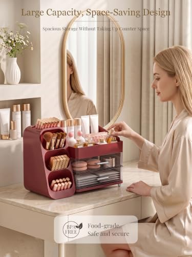Booklov Large Makeup Organizer for Vanity Countertop, Red