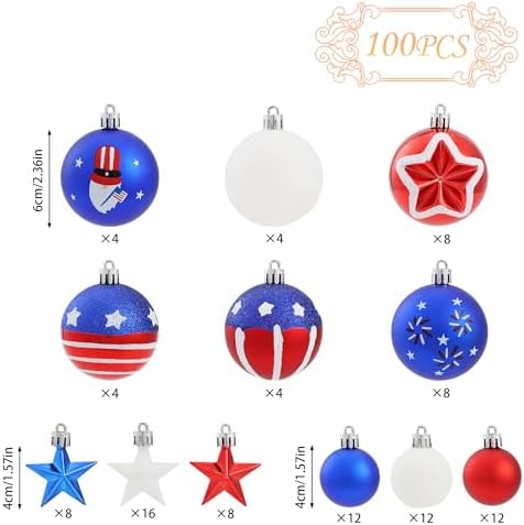 100Pcs 4th of July Tree Decorations Patriotic Ornaments, 2.36'' Memorial Day Red White Blue Ornaments and Star, Shatterproof American Hanging Ball Decor for Independence Day USA 250th Holiday