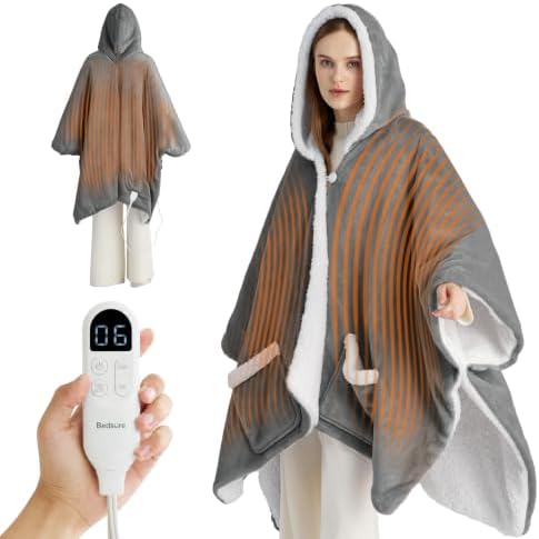 Bedsure Wearable Heated Blanket Hoodie Shawl, Gifts for Mom, 55"x64", Grey