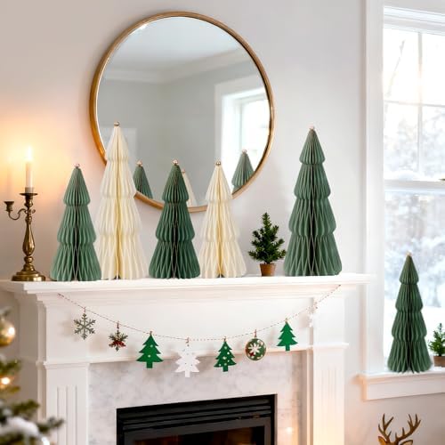 SUNBEAUTY 6 PCS Honeycomb Christmas Tree Thick Paper Christmas Tree 3D Christmas Table Decorations with Metal Ball White Green Xmas Decorations Minimalist Decor for Table Window Fireplace