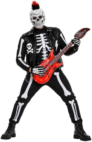 Men's Skeleton Rocker Costume Adult Punk Skull Costume with Accessories for Halloween Cosplay Party