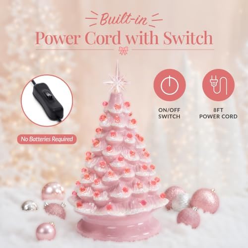 Best Choice Products 15in Ceramic Christmas Tree, Pre-lit Hand-Painted Tabletop Pinkmas Holiday Tree, Star Topper, 64 Lights - Pink w/Pink Bulbs