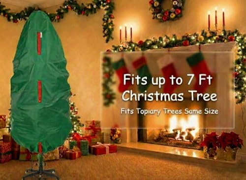 Upright Christmas Tree Storage Bag - Fits 7 Ft Artificial Xmas & Topiary Tree, Vertical Holiday Cover, Durable, Dustproof & Easy-Use Xmas Storage, Green