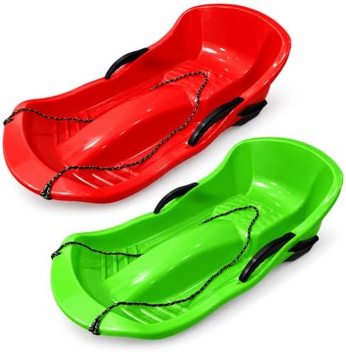 2 Pack Snow Sleds 89 x 45 x 26 cm, Plastic Toboggan Sleds with Brake Handles, Pull Ropes and Seat Cushions, High Back Snow Sled for Winter Outdoor Sliding, Blue Pink Red Green