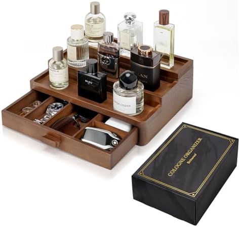Cologne Organizer for Men, 3 Tier Wooden Cologne Stand with Drawer Storage and Hidden Compartment, Perfume Display Holder for Dresser, Great Gifts for Him Dad Fathers, Brown