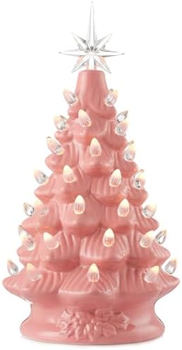 Casafield Hand Painted Ceramic Christmas Tree, Pink 12-Inch Pre-Lit Tree with 100 Multi Color Lights and 2 Star Toppers