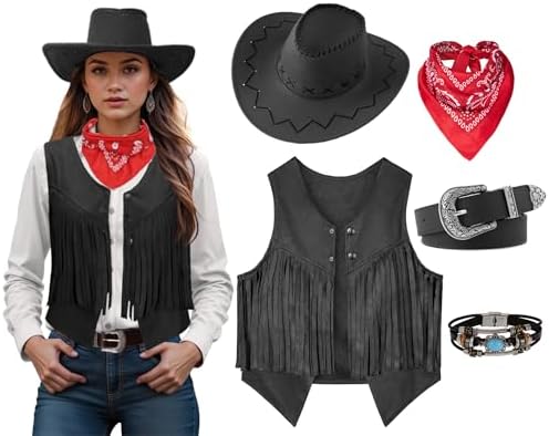 Women Cowgirl Costume Western Vest Hat Belt Set for Cowgirl Cowboy Halloween Cosplay