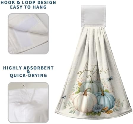Fall Blue Teal Pumpkin Kitchen Hanging Towels Set of 2 Autumn Watercolor Maple Leaves Hand Towels with Loop Thanksgiving Seasonal Guest Towels Soft Absorbent Fingertip Tie Towel for Holiday Baking