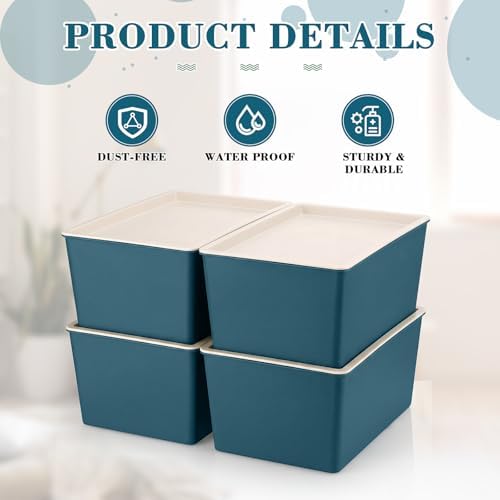 Menkxi 4 Pcs Storage Bins with Lids, Blue, Large
