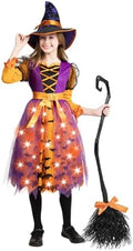 Spooktacular Creations Light Up Polka Dots Witch Tutu Costume for Girls Toddlers Starry Witch Dress with Magic Hat and Broom