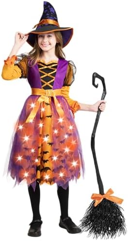 Spooktacular Creations Light Up Polka Dots Witch Tutu Costume for Girls Toddlers Starry Witch Dress with Magic Hat and Broom
