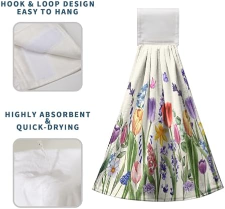 Tulip Kitchen Towels with Loops Spring Floral Tulips Lavender Hanging Hand Towel Set of 2 Summer Flower Butterfly Dish Towels Washcloths Super Absorbent Soft Hang Towel Bath Tie Towel