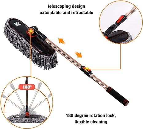 Car Duster Exterior with Extendable Handle, Scratch Free Auto Wash Brush Mop, Interior Detailing Kit for Truck RV Boat - Microfiber Duster & Interior Brush, Grey