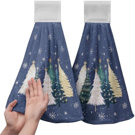 Christmas Tree Blue Hanging Kitchen Hand Towels Set of 2 Teal White Gold Xmas Snowflakes Kitchen Tie Towels Fast Drying Oven Stove Dish Towel Soft Absorbent Fingertip Bath Towel for Bathroom
