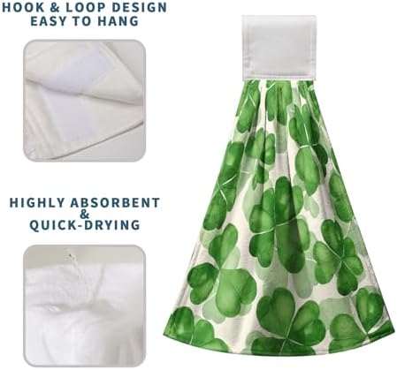 St Patricks Day Clover Hanging Kitchen Towel Green Lucky Shamrocks Hand Towels with Loop Set of 2 Tea Bar Dish Cloths Soft Absorbent Durable Tie Towel for Bathroom Decor 12 x 17 in