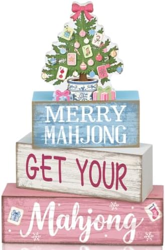 Moucuny 4 Pcs Christmas Mahjong Table Decor Merry Mahjong Wooden Signs