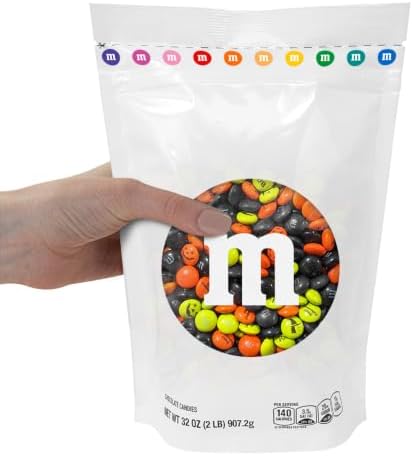 M&M’S WORLD Pre-Printed Halloween Candy - 2lbs of Bulk Candy in Resealable Pack for Halloween Party, Trick or Treat Favor, Halloween Dessert Decorations, Tasty Snacks for DIY Party