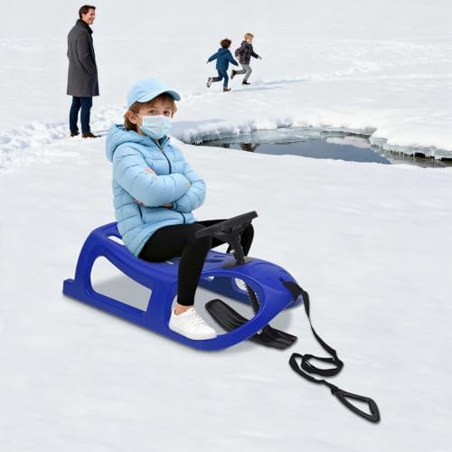 35 in Durable Kids' Toboggan Sleds Single Rider Winter Sleigh Outdoor Snow Sled with Pull Rope & Steering Wheel Outdoor Plastic Winter Sleigh 220 LBS Loading Capacity