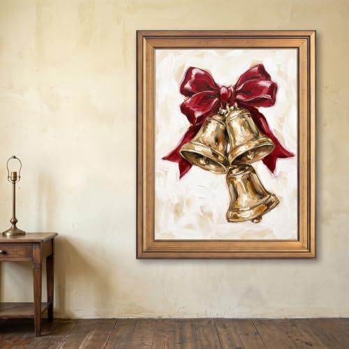 Framed Canvas Wall Art Expressive Painterly Vintage Gold Bells Red Satin Bow and Impasto Textures Canvas Print Poster Gold Frame Wall Decor for Living Room Holiday Decor, Christmas Gift - Inch 24x36